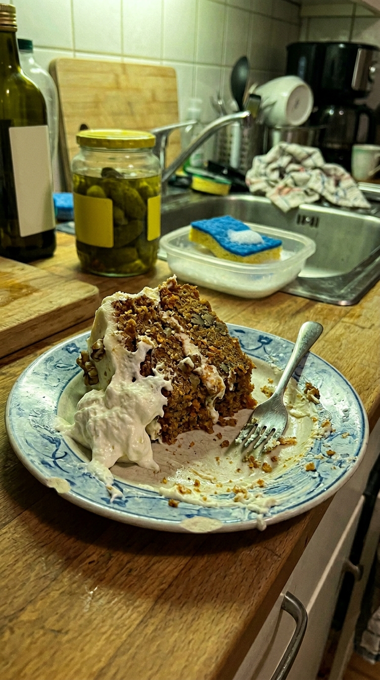 photo verticale prise au smartphone, cadrage légèrement raté avec le gâteau coupé sur le bord inférieur et la ligne d'horizon penchée. Bruit numérique léger. Micro-flou de bougé sur le pourtour du plat. Traitement HDR mobile typique avec un contraste écrasé et une balance des blancs imparfaite, tendant vers le verdâtre. Le gâteau est servi en portions inégales, avec des gouttes de chantilly qui débordent de l'assiette ébréchée. Quelques miettes abondent autour du plat. Sur la table, on distingue un bocal de cornichons et une bouteille d'huile à moitié visible. L'arrière-plan flou révèle le bazar de comptoir d'une cuisine ordinaire avec une éponge à vaisselle. AUCUN texte, AUCUNE lettre, AUCUN mot, AUCUN filigrane. --ar 4:5 --q 2 --s 100