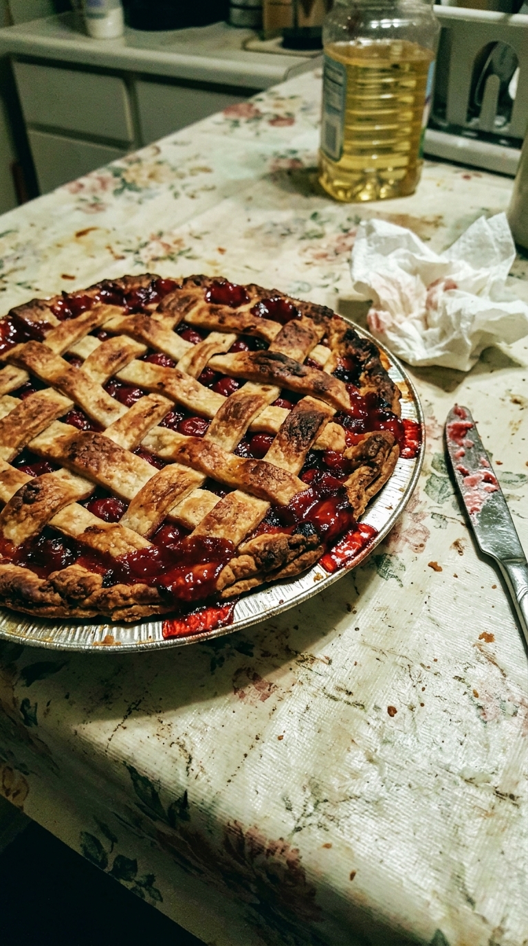 Photo verticale prise au smartphone (ancien modèle iPhone ou Android d'entrée de gamme). La tarte aux cerises est légèrement décentrée, un bord coupé. Tarte avec une croûte un peu trop dorée et irrégulière, des cerises qui ont débordé un peu et une texture non lissée. Le tout est posé sur une nappe en toile cirée usée. À côté, on distingue un essuie-tout froissé, un couteau sale posé n'importe comment, et une bouteille d'huile à moitié visible. La balance des blancs est imparfaite, avec une teinte verdâtre, et l'image présente un léger bruit numérique et un micro-flou de bougé. Traitement HDR mobile typique. Pas de texte, pas de lettres, pas de mots, pas de filigrane sur l'image. --ar 4:5 --q 2 --s 100