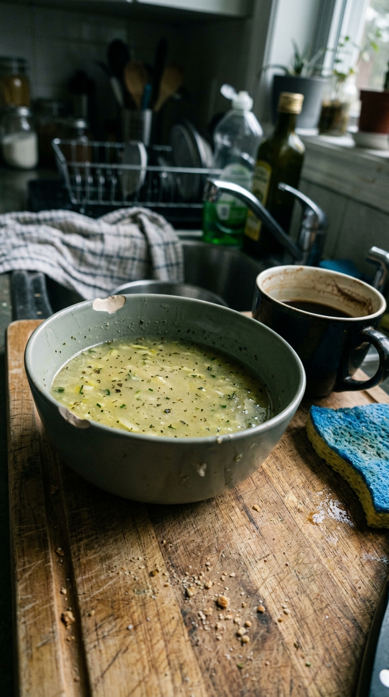 Photo verticale prise au smartphone, cadrage un peu penché, montrant un bol IKEA ébréché de soupe froide de courgette et menthe, la soupe est un peu trop liquide et la couleur est légèrement jaunie. Quelques traces de doigts sur le bol. Bruit numérique visible et balance des blancs imparfaite tirant sur le vert. Posé sur une planche à découper usée avec des miettes, à côté un mug à café à moitié bu et une éponge à vaisselle. Arrière-plan flou et désordonné d'une cuisine. AUCUN texte, AUCUNE lettre, AUCUN mot, AUCUN filigrane. --ar 4:5 --q 2 --s 100