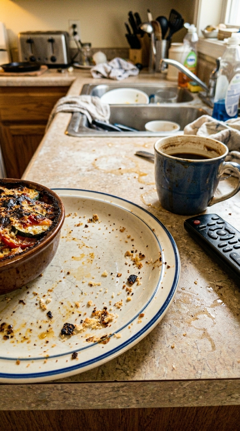 Photo verticale prise au smartphone, cadrage raté avec le gratin de courgettes et tomates coupé sur le bord gauche. Bruit numérique léger, micro-flou de bougé. Traitement HDR mobile avec contraste écrasé, balance des blancs jaunâtre. Le gratin est un peu trop gratiné, le dessus légèrement cramé. Des miettes sont éparpillées sur l'assiette dépareillée. Un mug à café à moitié bu et une télécommande traînent sur le comptoir. Cuisine ordinaire, arrière-plan flou et bordélique. AUCUN texte, AUCUNE lettre, AUCUN mot, AUCUN filigrane. --ar 4:5 --q 2 --s 100