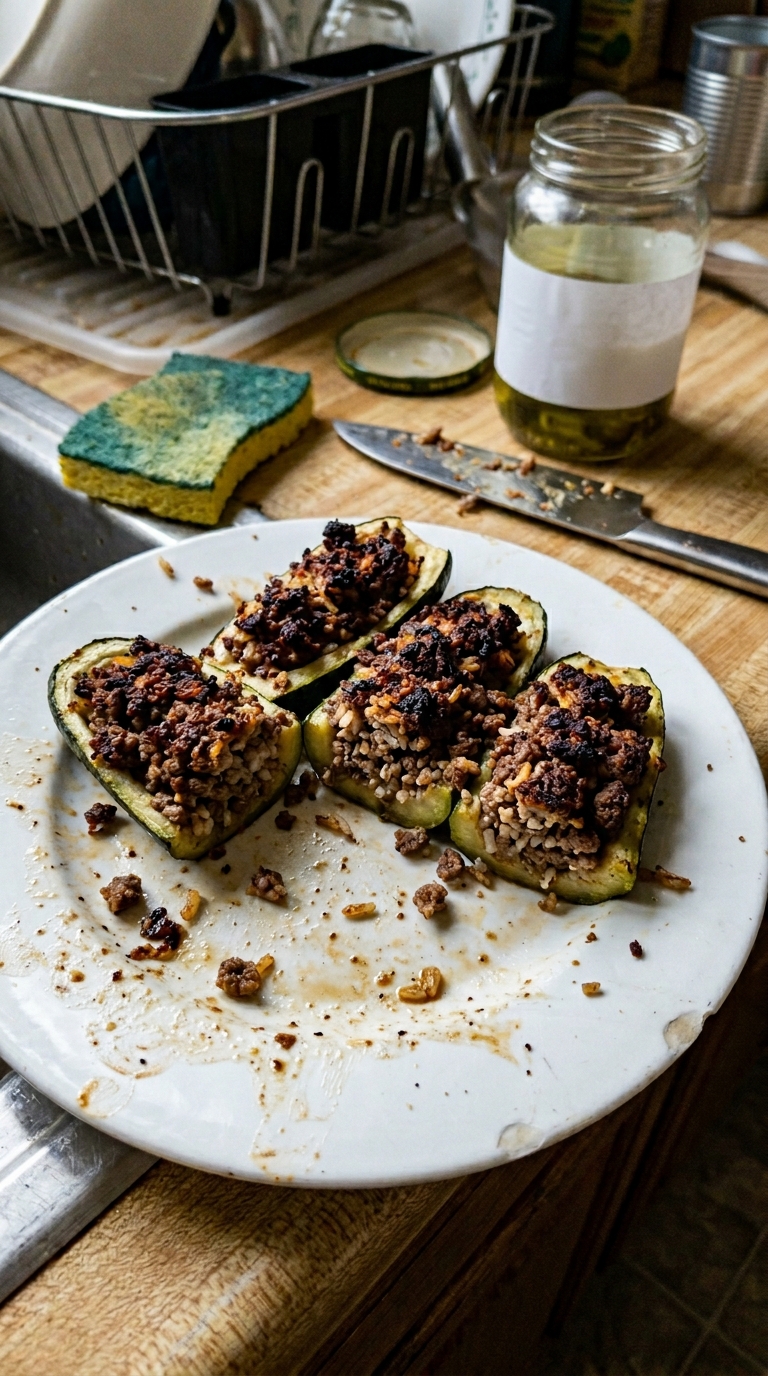 Photo verticale prise au smartphone (type iPhone ou Android entrée/milieu de gamme) d'un plat de courgettes farcies à la viande. Le cadrage est imparfait, le plat est légèrement penché et décentré vers le bas. Un bruit numérique léger est visible, ainsi qu'un micro-flou de bougé. Le traitement HDR mobile typique rend le contraste écrasé, et la balance des blancs est imparfaite, légèrement jaunâtre. Les courgettes farcies ne sont pas joliment dressées, les portions sont inégales, avec quelques miettes éparpillées autour. Des traces de doigts sont visibles sur le bord d'une assiette quotidienne ébréchée, remplie de courgettes farcies. La farce présente une légère sur-cuisson sur le dessus, un peu trop dorée. En décor, on voit une éponge à vaisselle sur le comptoir, un couteau sale posé sans soin, et un bocal de cornichons à moitié vide. L'arrière-plan est flou et bordélique, montrant un aperçu d'une cuisine ordinaire. AUCUN texte, AUCUNE lettre, AUCUN mot, AUCUN filigrane sur l'image. --ar 4:5 --q 2 --s 100