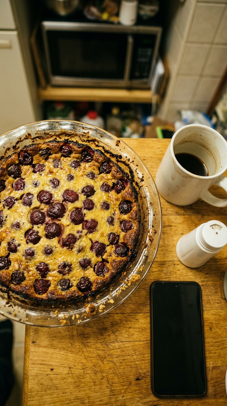 Photo verticale prise au smartphone, vue de dessus, le clafoutis aux cerises dans un moule en pyrex est légèrement coupé sur le bord gauche, le cadrage est imparfait. Un peu de bruit numérique, un léger flou de bougé, la balance des blancs est un peu jaunâtre. Le clafoutis est un peu sur-cuit sur les bords, quelques cerises sont regroupées de manière inégale. Quelques miettes sont éparpillées sur le bord du plat. À côté du plat, on aperçoit une salière en plastique blanche, un mug à café à moitié bu avec des traces de doigts, et un smartphone de type Android d'entrée de gamme posé à plat. L'arrière-plan est flou, on distingue un micro-ondes en fond. AUCUN texte, AUCUNE lettre, AUCUN mot, AUCUN filigrane. --ar 4:5 --q 2 --s 100