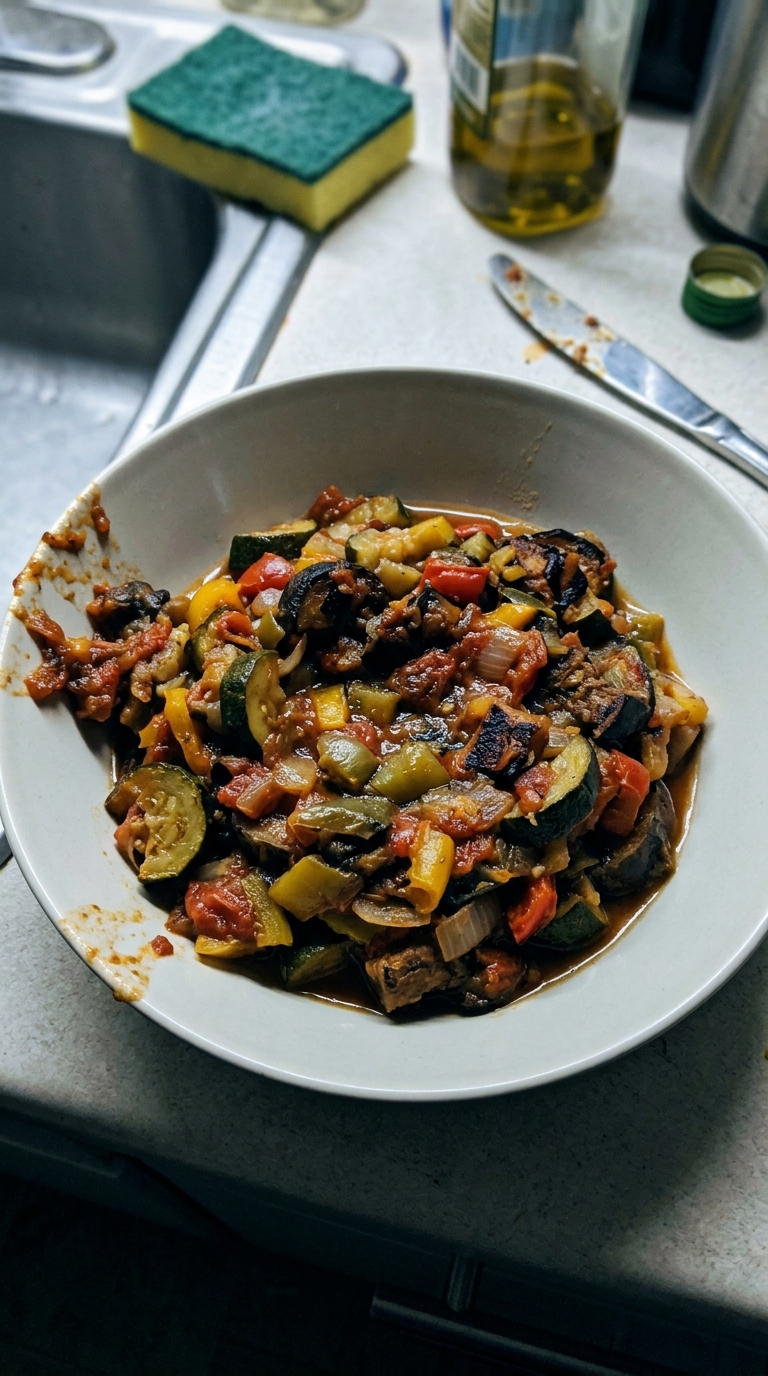 Photo verticale prise au smartphone (Android d'entrée de gamme). Le plat de ratatouille est un grand bol IKEA, légèrement décentré et penché. Des restes de ratatouille s'étalent sur les bords du bol, et on devine une légère sur-cuisson avec des petits morceaux plus grillés. La texture est asymétrique et irrégulière. En arrière-plan flou, on voit une éponge à vaisselle, une bouteille d'huile à moitié visible et un couteau sale posé n'importe comment sur le comptoir. La photo présente du bruit numérique, un léger flou de bougé, une balance des blancs un peu trop froide et un contraste écrasé. AUCUN texte, AUCUNE lettre, AUCUN mot, AUCUN filigrane sur l'image. Cadrage vertical 4:5 dans une esthétique 'snap rapide pris au-dessus du plat avec un téléphone'.--ar 4:5 --q 2 --s 100